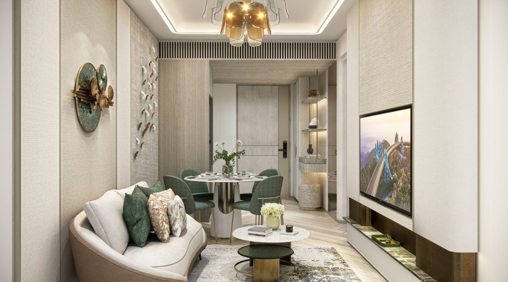 Nội thất căn hộ 1 phòng ngủ tại Sunshine Grand City, thiết kế hiện đại với sofa cong, bàn tròn ăn 4 ghế, tường trang trí nghệ thuật, đèn trần độc đáo và tivi gắn tường, tạo nên không gian sống đẳng cấp và tiện nghi.