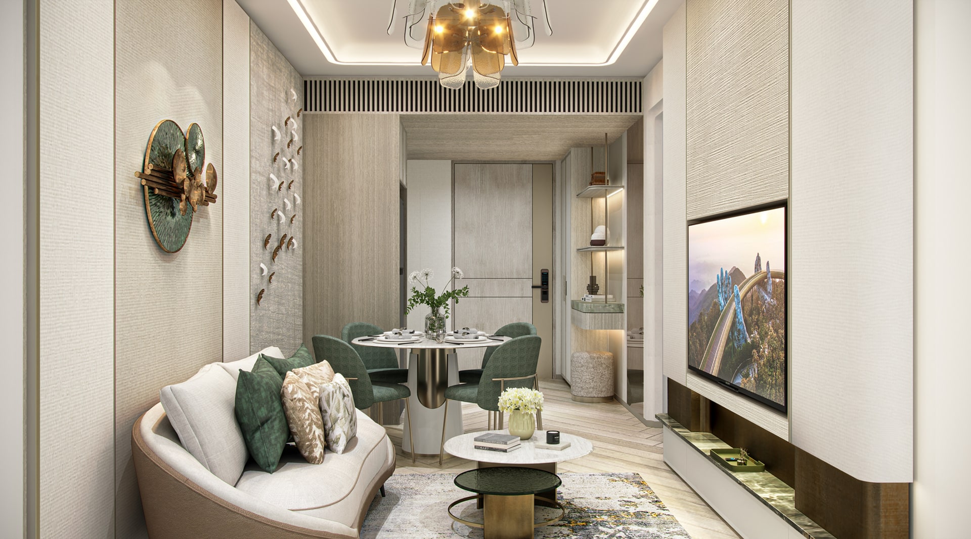 Nội thất căn hộ 1 phòng ngủ tại Sunshine Grand City, thiết kế hiện đại với sofa cong, bàn tròn ăn 4 ghế, tường trang trí nghệ thuật, đèn trần độc đáo và tivi gắn tường, tạo nên không gian sống đẳng cấp và tiện nghi.