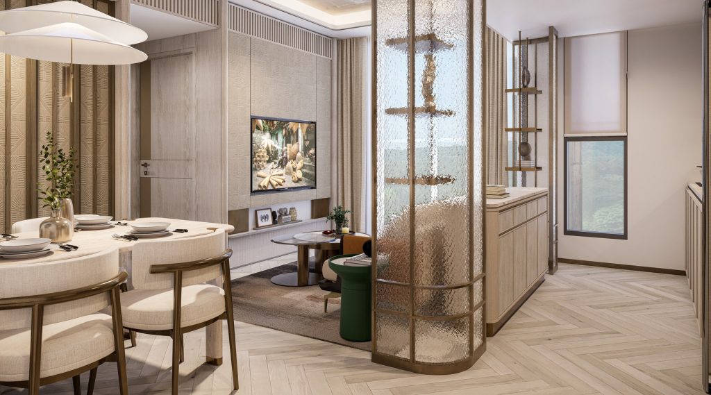 Nội thất căn hộ 2 phòng ngủ tại Sunshine Grand City với khu vực bàn ăn 4 ghế, phòng khách ấm cúng, vách kính nghệ thuật phân tách không gian, cửa sổ lớn đón ánh sáng tự nhiên, sàn gỗ xương cá và tông màu be nhã nhặn.