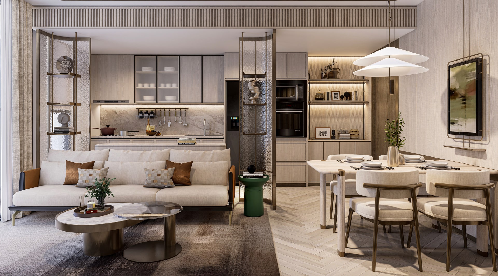 Phòng khách căn hộ 3 phòng ngủ Sunshine Grand City với sofa sáng màu, bàn trà đôi kim loại, khu vực bếp liền kề hiện đại, bàn ăn 6 ghế, hệ tủ âm tường và đèn trang trí nổi bật. Thiết kế nội thất tinh tế với gam màu trung tính và ánh sáng ấm.