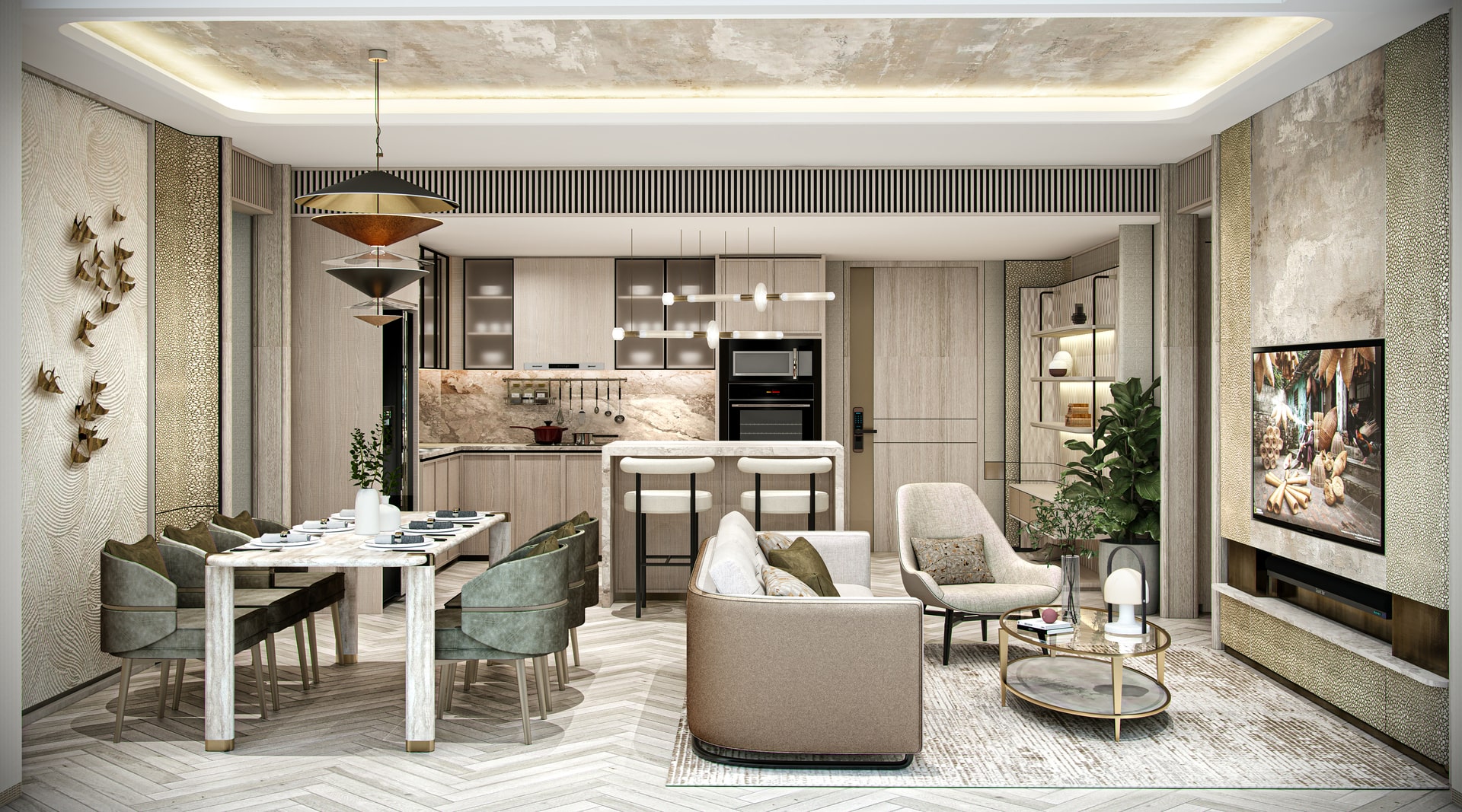 Phòng khách căn hộ 4 phòng ngủ tại Sunshine Grand City, thiết kế hiện đại với ghế sofa cong, bàn trà đôi, ghế thư giãn, bếp mở với bar mini, bàn ăn 6 ghế bọc nệm cao cấp, đèn trần nghệ thuật và tường trang trí họa tiết nổi. Tông màu be và xám tinh tế, ánh sáng dịu và nội thất sang trọng.