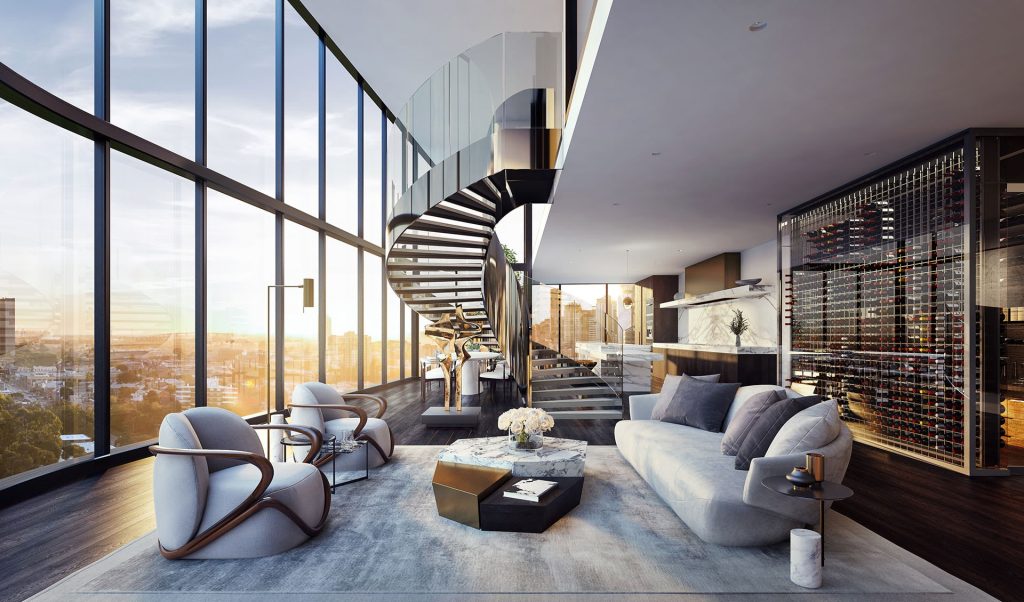 Phòng khách căn hộ Penthouse tại Sunshine Grand City với trần cao hai tầng, tường kính toàn cảnh, cầu thang xoắn ốc kính, nội thất cao cấp gồm sofa cong, bàn đá cẩm thạch, ghế bọc vải sang trọng, bếp mở ốp đá tự nhiên và tủ rượu âm tường quy mô lớn. Ánh sáng hoàng hôn chiếu vào làm nổi bật không gian đẳng cấp.