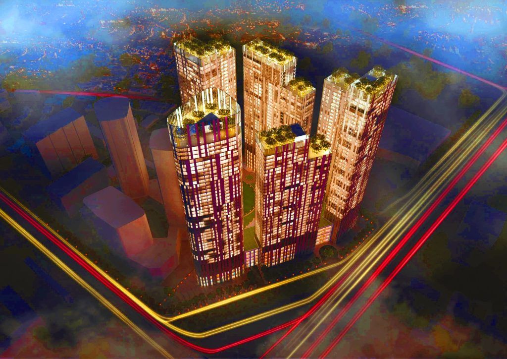 Phối cảnh tổng thể dự án Sunshine Grand City tại Hưng Yên Hà Nội với hệ thống tòa tháp cao cấp, thiết kế hiện đại, nổi bật ánh sáng về đêm.