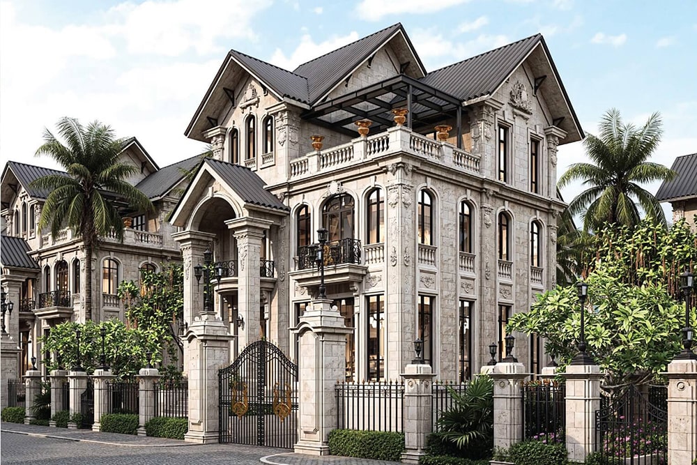 Biệt thự sang trọng tại dự án Sunshine Grand City với kiến trúc tân cổ điển châu Âu, mái ngói đen, cổng sắt nghệ thuật và khuôn viên cây xanh bao quanh.