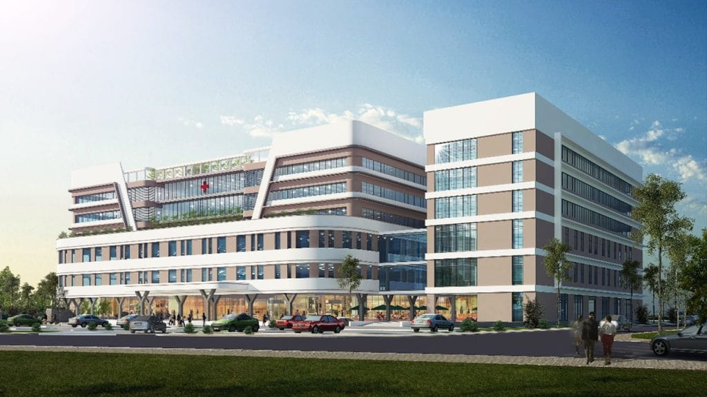 Phối cảnh bệnh viện đa khoa nằm tại trung tâm dự án, được quy hoạch với quy mô lớn, cung cấp dịch vụ chăm sóc sức khỏe chất lượng cao
