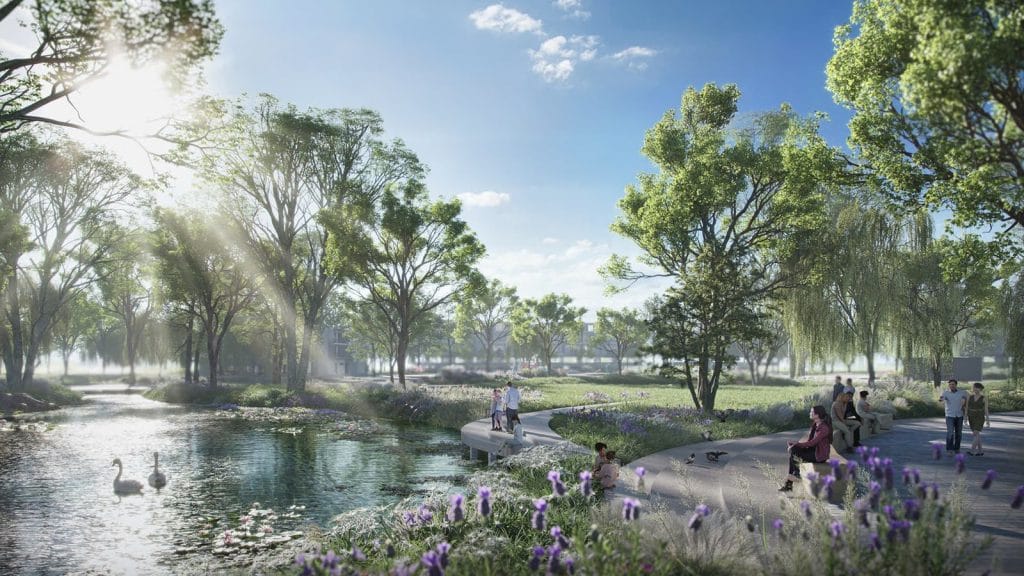 Cụm công viên sinh thái tại với không gian xanh thư giãn giữa thiên nhiên với hồ nước, thảm thực vật phong phú.